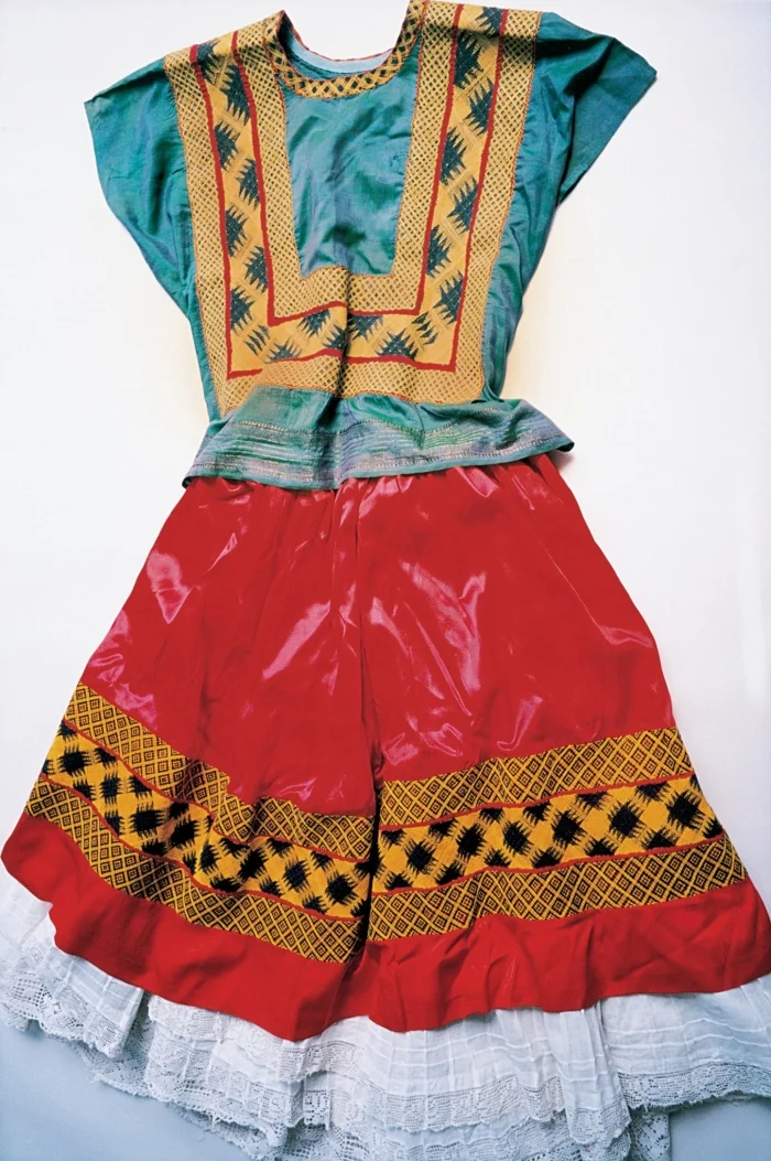 Kahlo’s right leg was thinner than her left after childhood polio – and it was later fractured in 11 places when she had a horrific bus accident in her 20s. As a result, she wore long, traditional Tehuana dresses that concealed her lower body