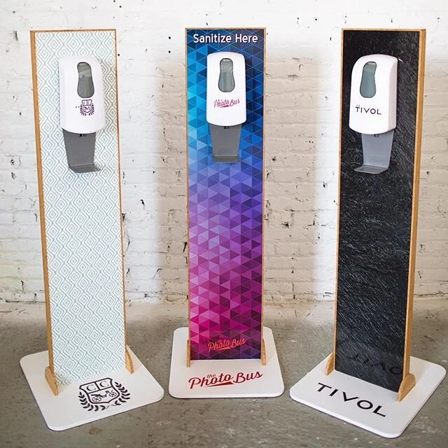 A few wrapped towers that are going into action this week! These Brandable Hand Sanitizing Stations that are available for rent and we have a limited stock that can be purchased. If you booked an event with us or if you have a venue, an event coming 