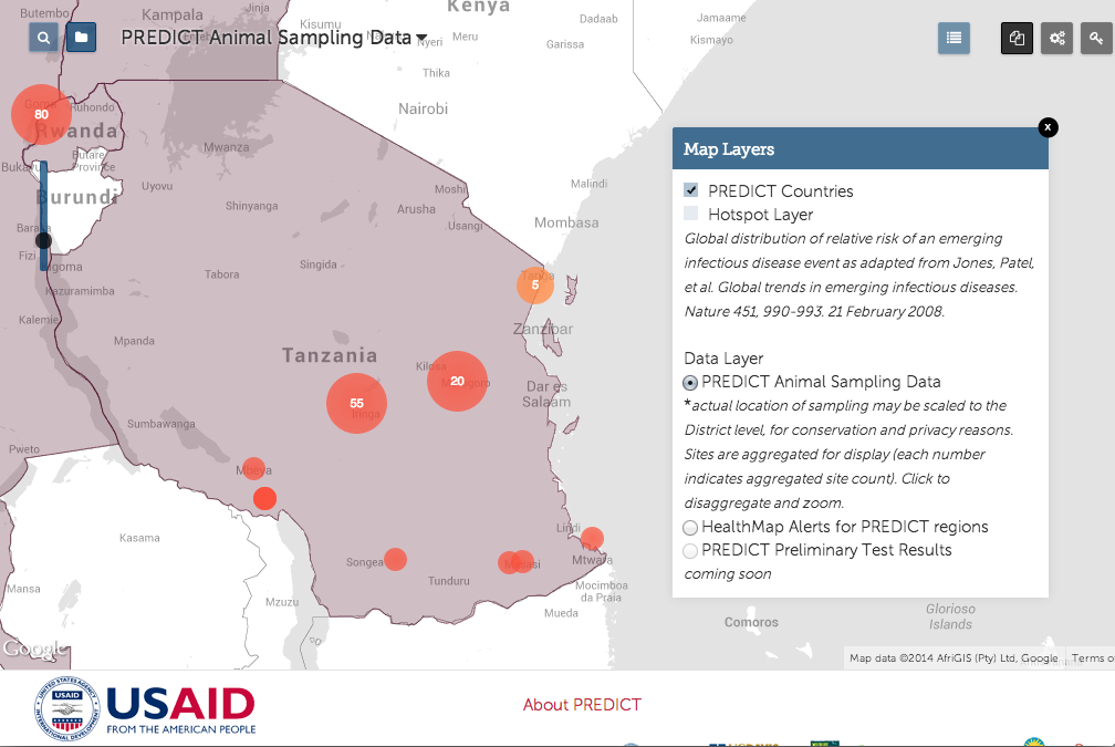 PREDICT's new public face on HealthMap . Here you can see the overview of surveillance progress in Tanzania as of early December 2013. Our HALI team has been busy sampling wildlife throughout the country at areas we have identified as high-risk for human-animal contact and potential disease transmission.