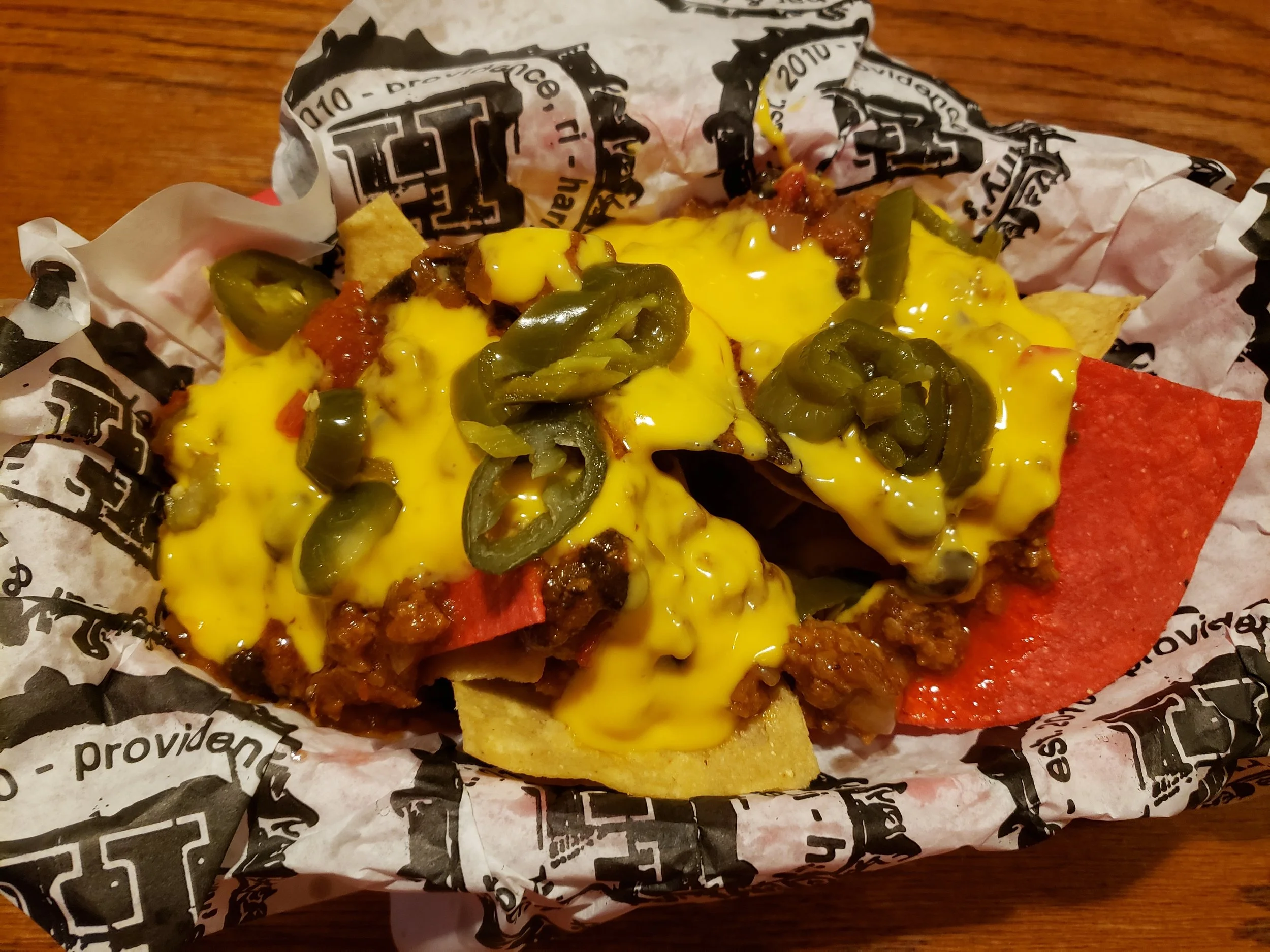 Sloppy Harry Chili, Cheese Sauce, Jalapeños