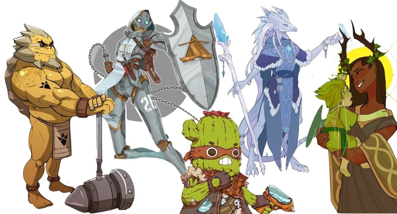 Some denizens of physicka’s realms (links: Darunia, 2B, cactus Crook, antlered Organi, Glass dragonborn)