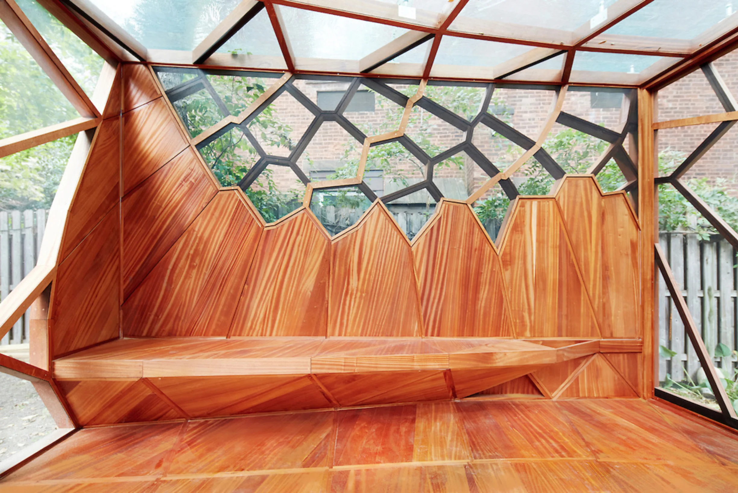 Most importantly the pavilion offers a large inlaid mahogany floor that provides space to practice yoga, the most prevalent program assigned to the space.