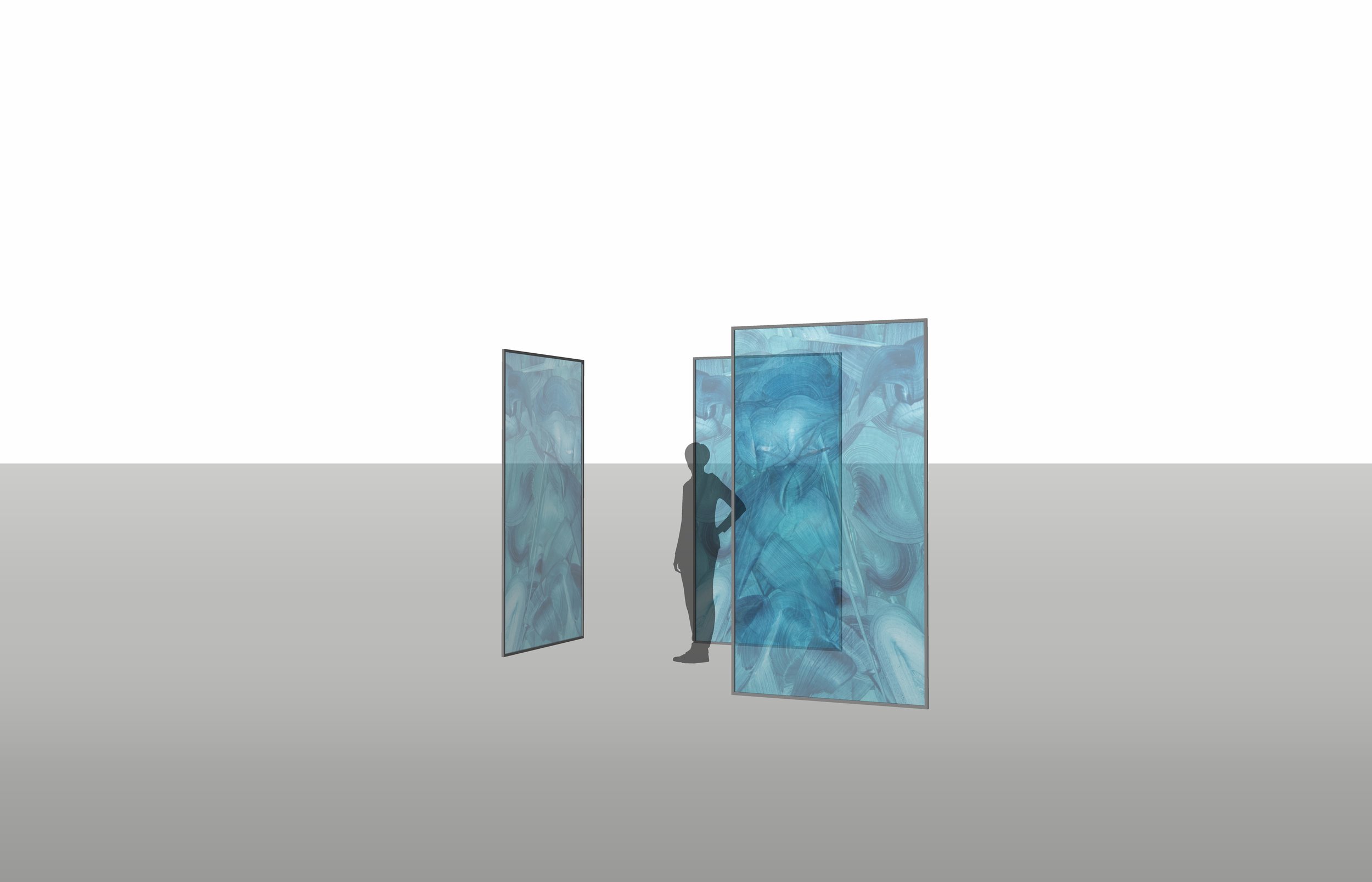 Translucent rear projection screens, free standing in gallery space, viewable from all sides.