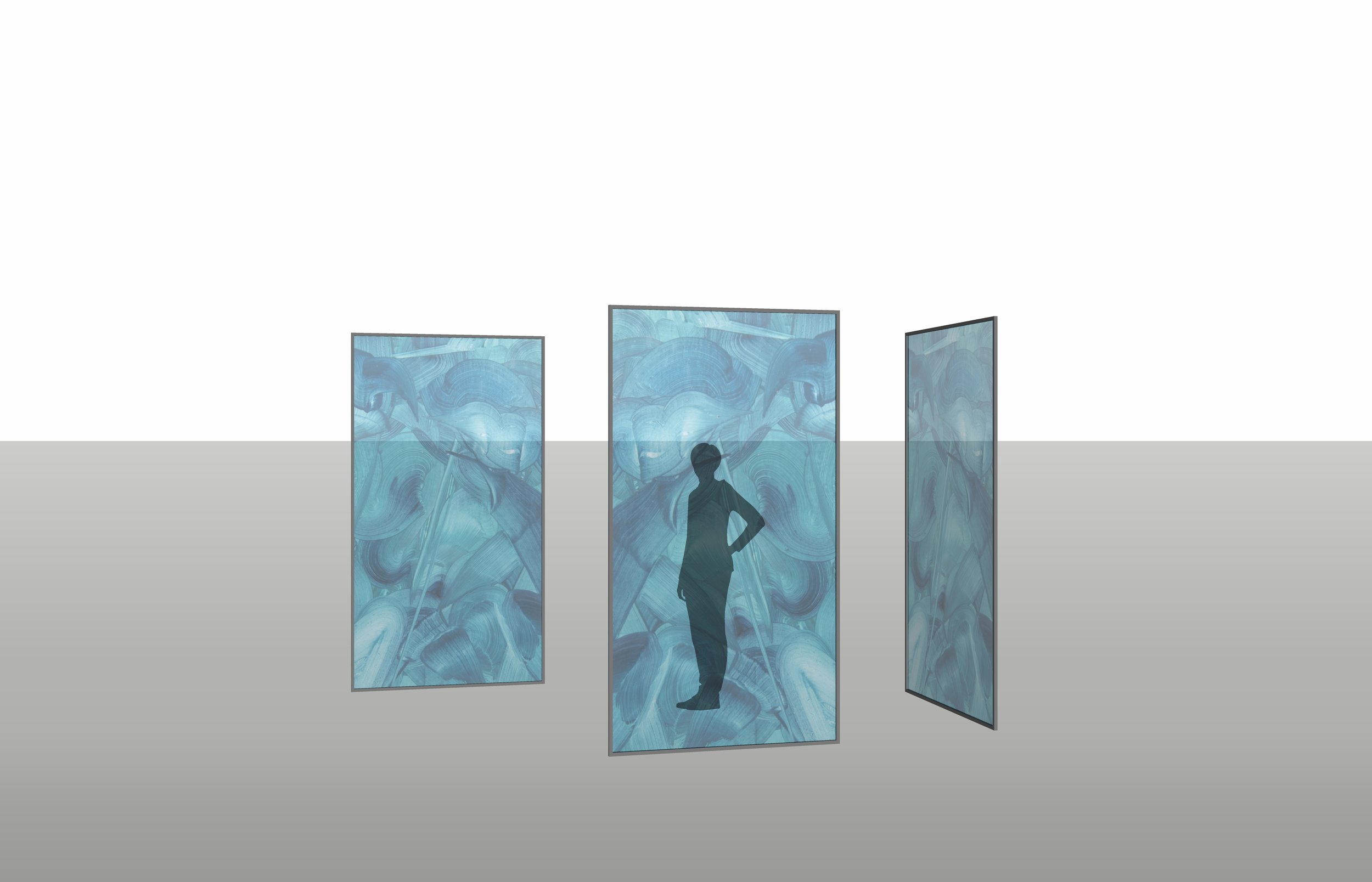Painting moves from screen to screen, unpredictably changing the composition throughout the performance.