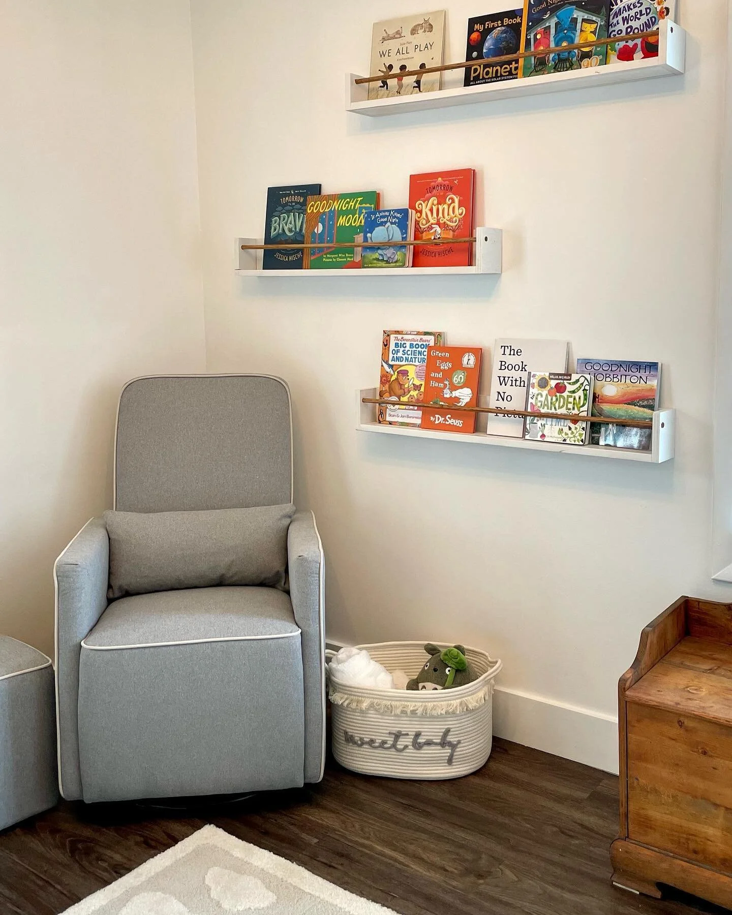 Time to brag about @austincpeters again. 🥰❤️ I saw some bookshelves I wanted for the nursery on Etsy, so he built them for me. They turned out so good! Also thank you to everyone who has sent us books already!!! We can&rsquo;t wait to read all of th