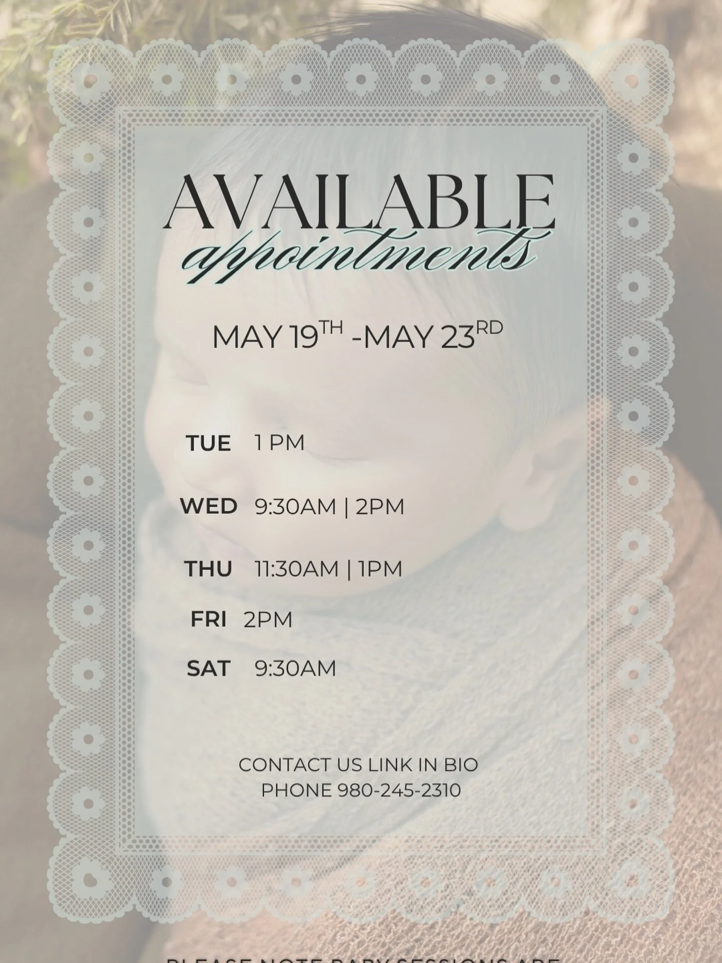 Available openings this week 🌸

Need a photographer in Charlotte NC ? 

On location and in Studio Photography available.  Studio address 1609 Sardis Rd N.

Have any questions Kansas City DM?

Maternity photographer, newborn photographer, baby monthl