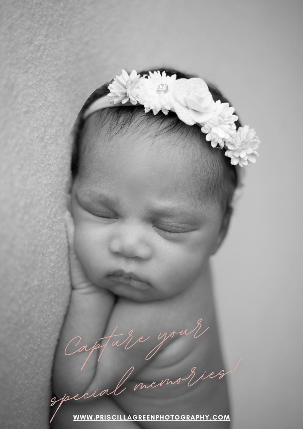black and white photo newborn face close up on blanket girl photoshoot
