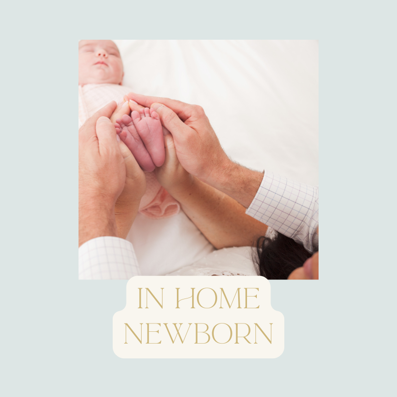 A person holding a newborn baby's feet while lying on a bed, with a baby in the background, and the text 'In Home Newborn' below.