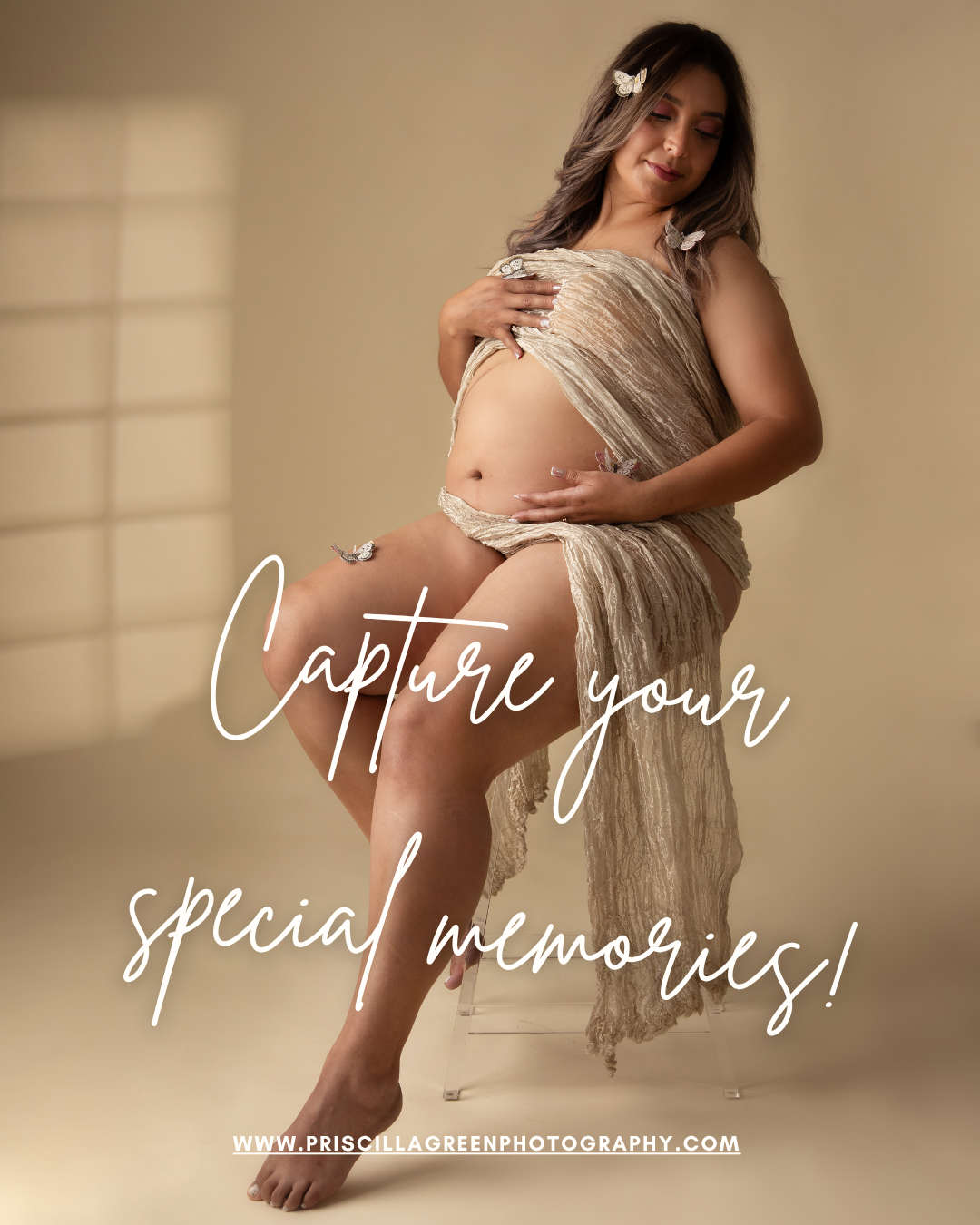 Charlotte nc maternity studio pregnant woman in fabric with butterflies