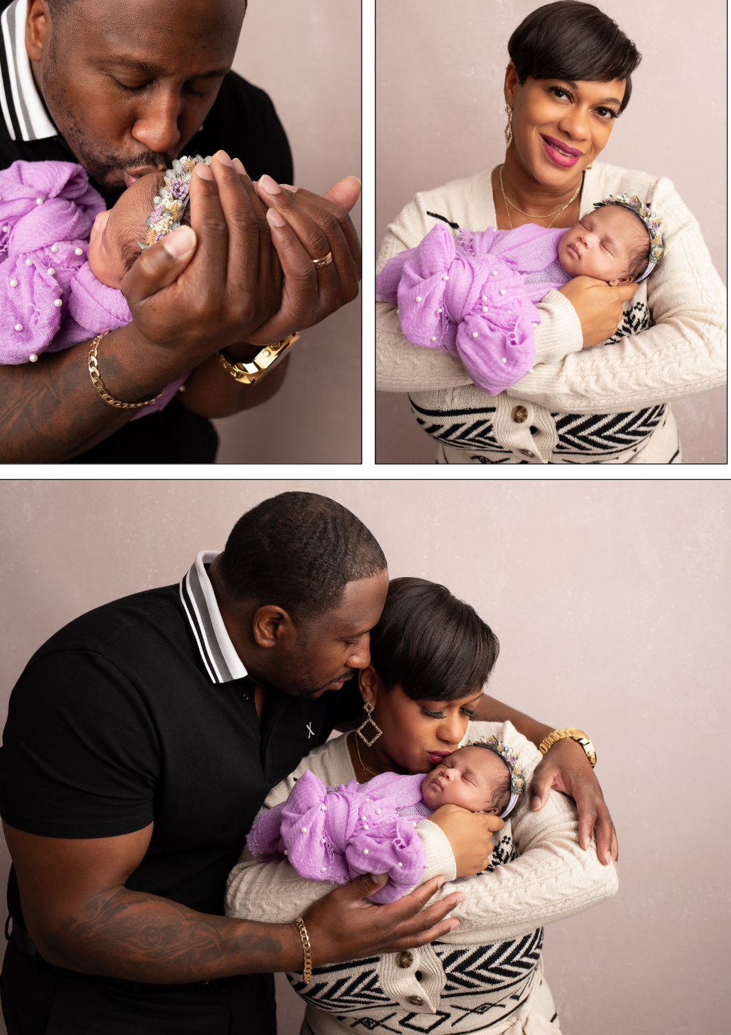 family newborn poses mom holding her newborn girl in a purple wrap and dad holding mom and newborn baby girl kissing her head