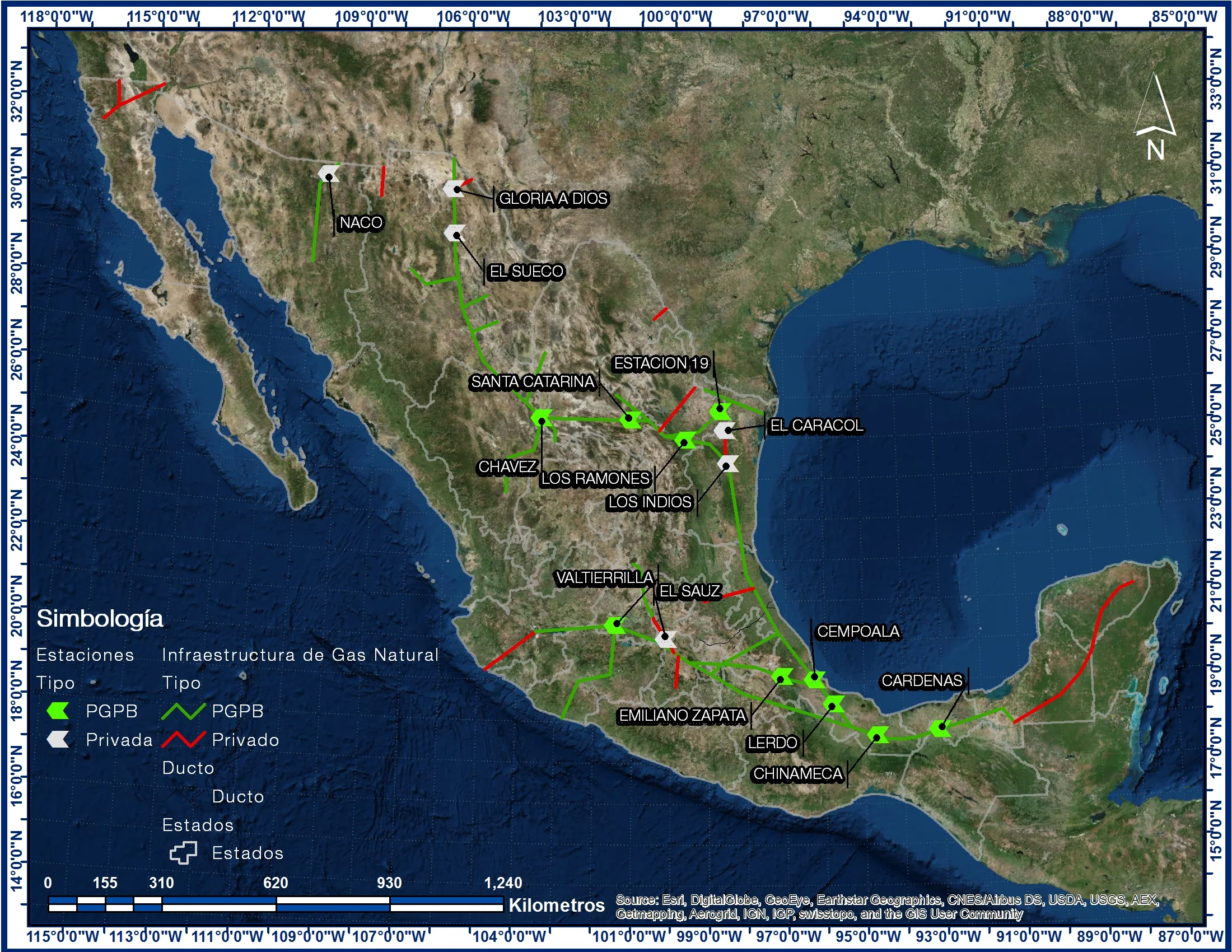Infraestructura de transporte de gas natural en México. Fuente: SENER, 2013.