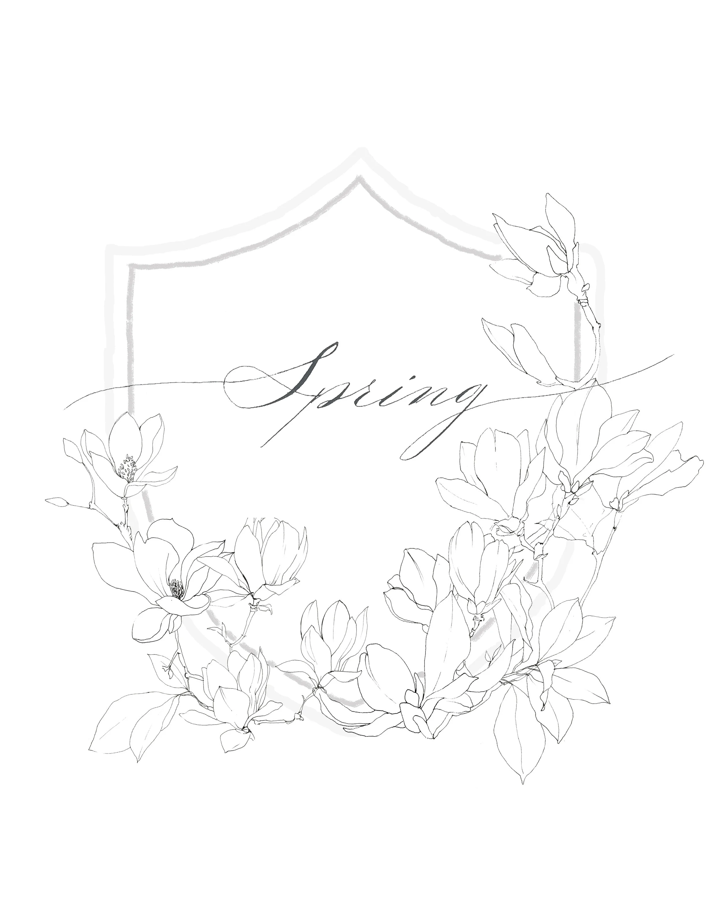Spring Floral Crest and Wreath Design | Digital Download | Hand Drawn Line Art