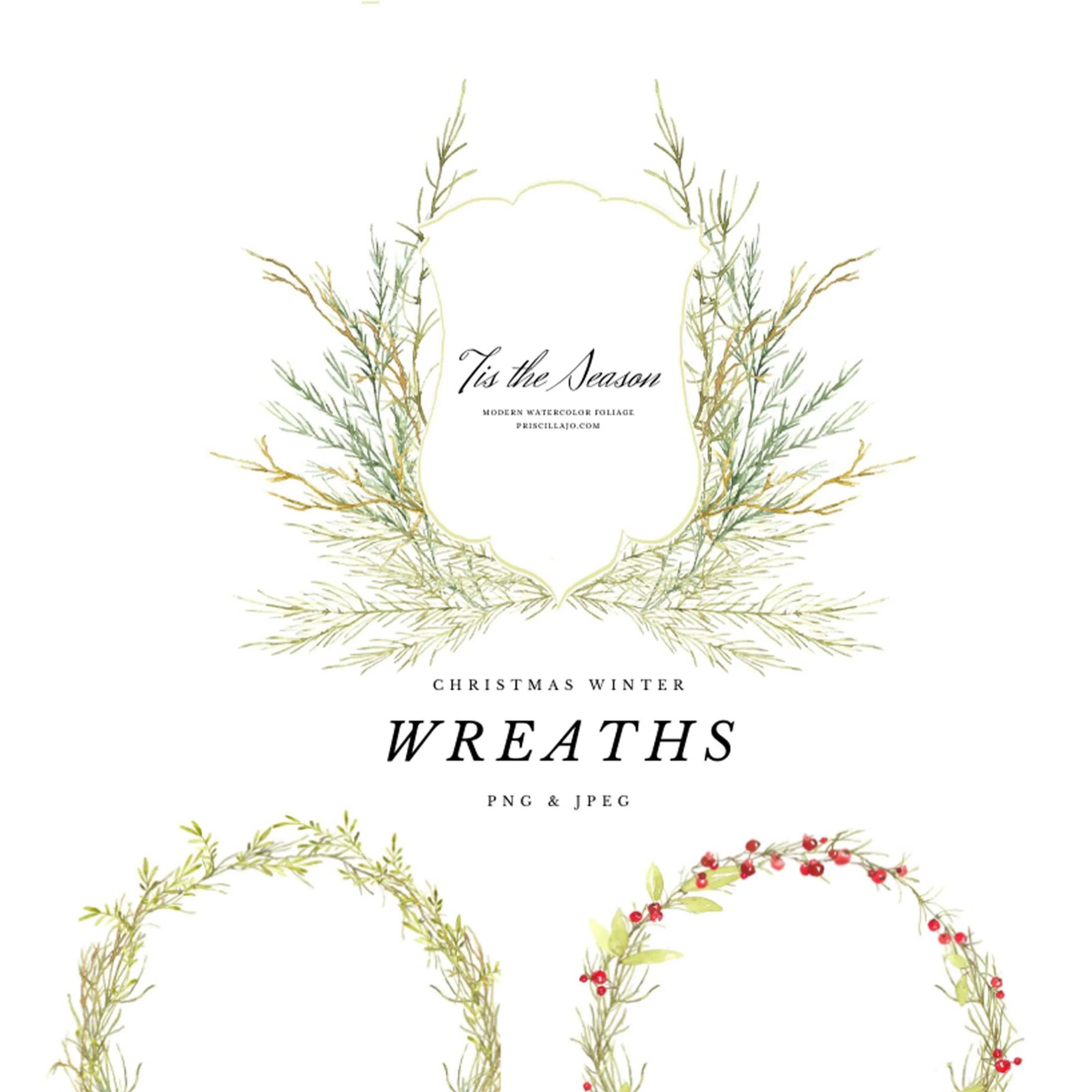 Winter Wreaths | Watercolor Evergreen Foliage | Christmas Stationery Clip Art