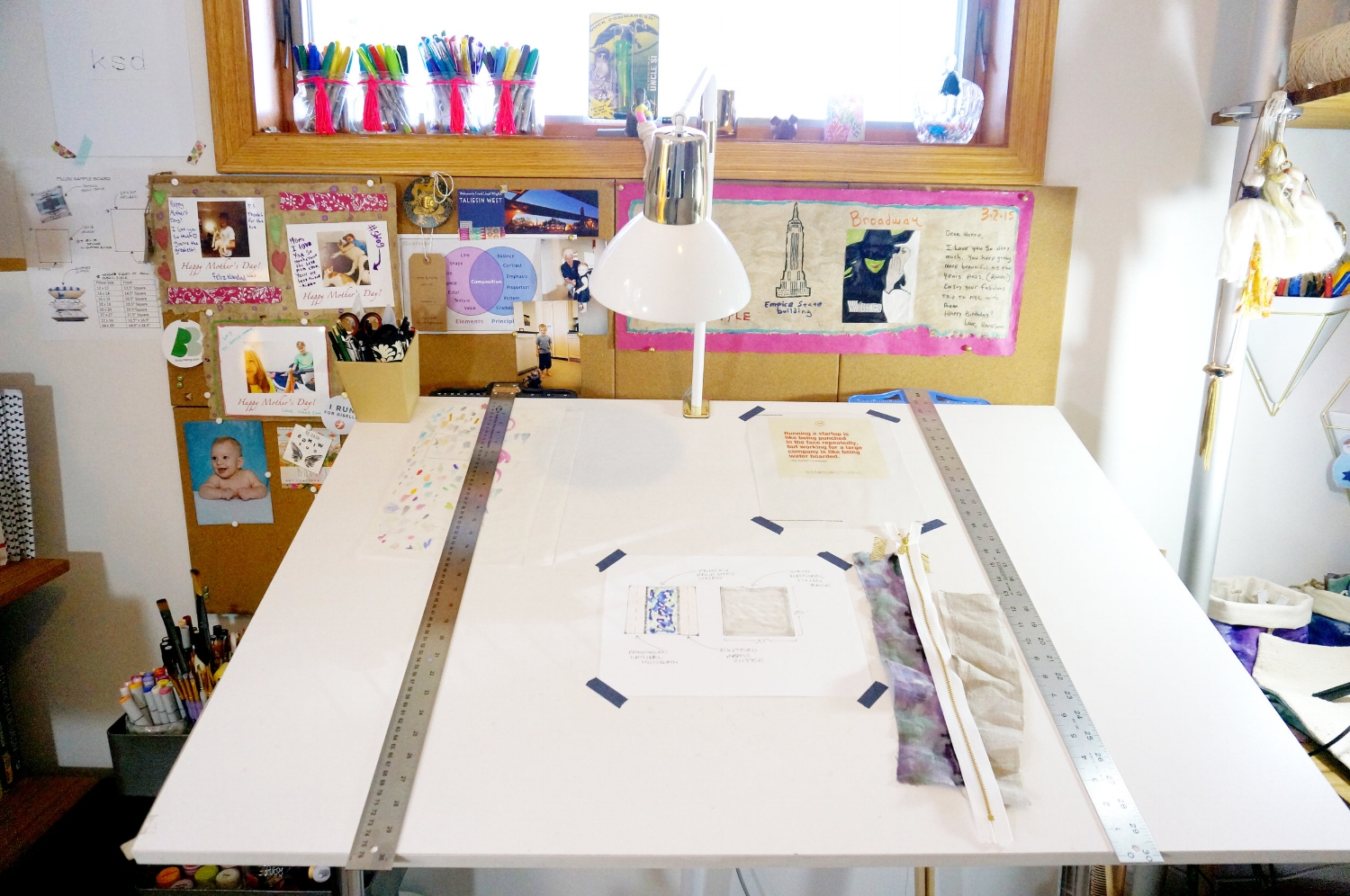 I spend a lot of time at my drafting table for KSDesigns and school. I am constantly taping and tacking up images and sayings that inspire me and make me happy