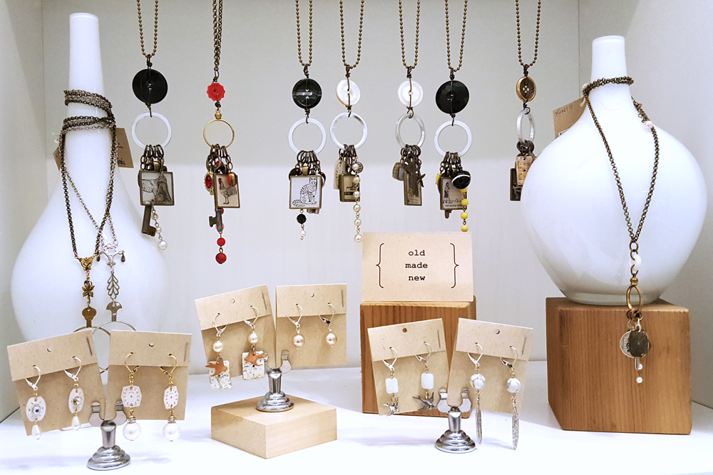 Glass vases display: Christine Stoll Jewelry