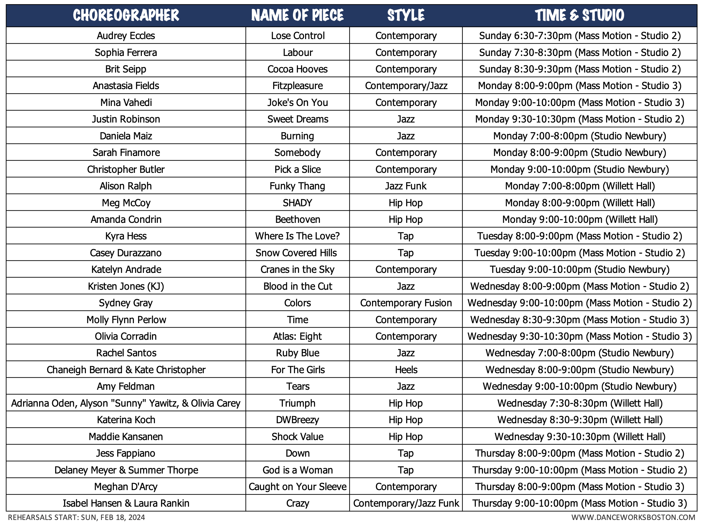 Rehearsal Schedule — DanceWorks Boston