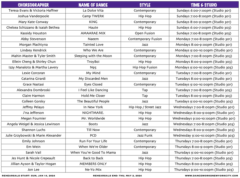 Rehearsal Schedule — DanceWorks New York City