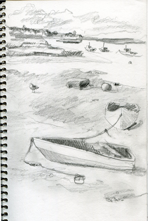  Gull and boats at low tide, Scarborough, ME