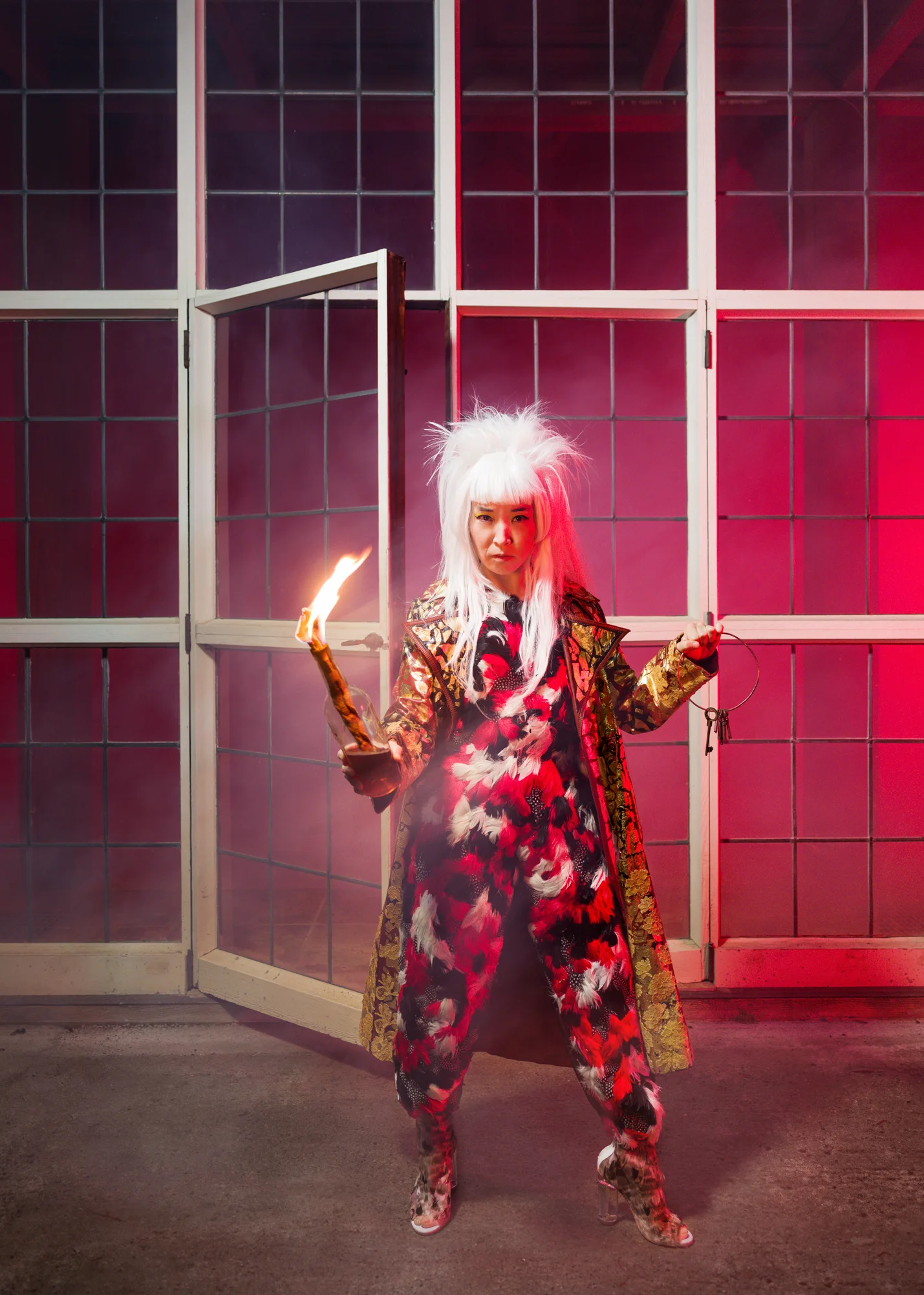 This is a photographic portrait of the "Fitcher's Bird" as she burns down the house of the predator. This will be part of a 360 video song film.