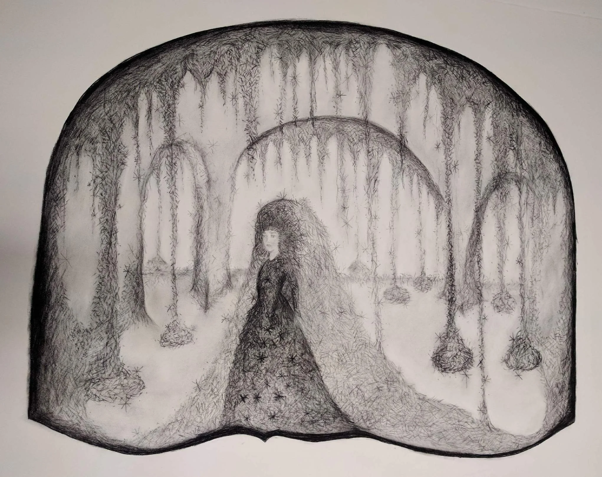 This is Elizabeth Jameson's artist sketch of the cave scene for the fairytale Wild Swans in which the protagonist has to weave garments out of stinging nettles in order to break the spell that curses her and her brothers.