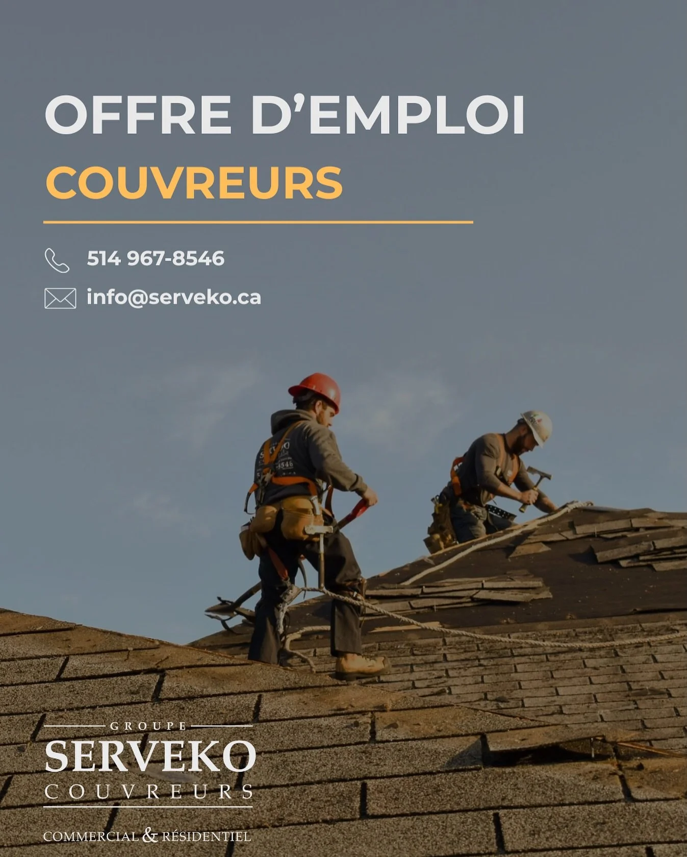 ‼️COUVREURS RECHERCH&Eacute;S‼️
Le Groupe Serveko agrandit son &eacute;quipe &agrave; Blainville!

Ce qu&rsquo;on cherche :
✔️Carte CCQ obligatoire
✔️Exp&eacute;rience en bardeaux d&rsquo;asphalte
✔️Avoir ton char = un bon plus

▪️Bon salaire garanti