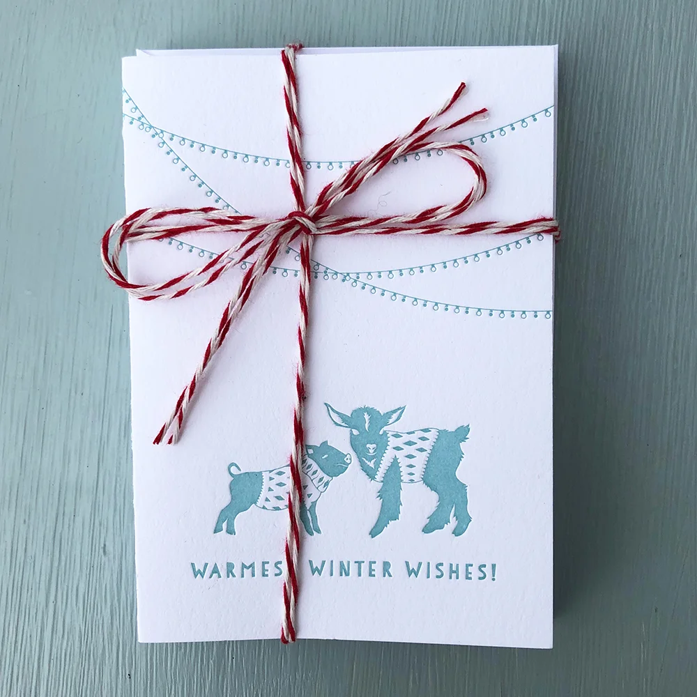 Letterpress Printed Baby Goat and Piglet Holiday Cards