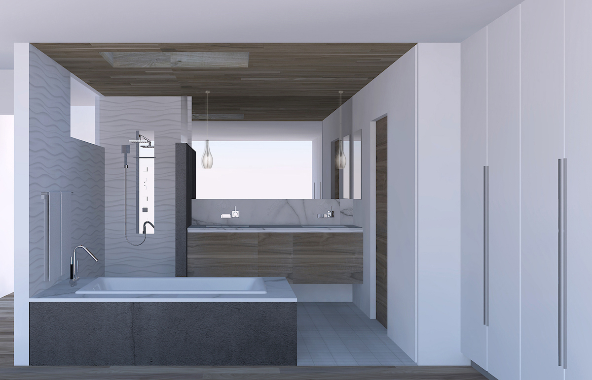 Rendering for the new master bath showing the space without the privacy glass partition at the tub or the custom door
