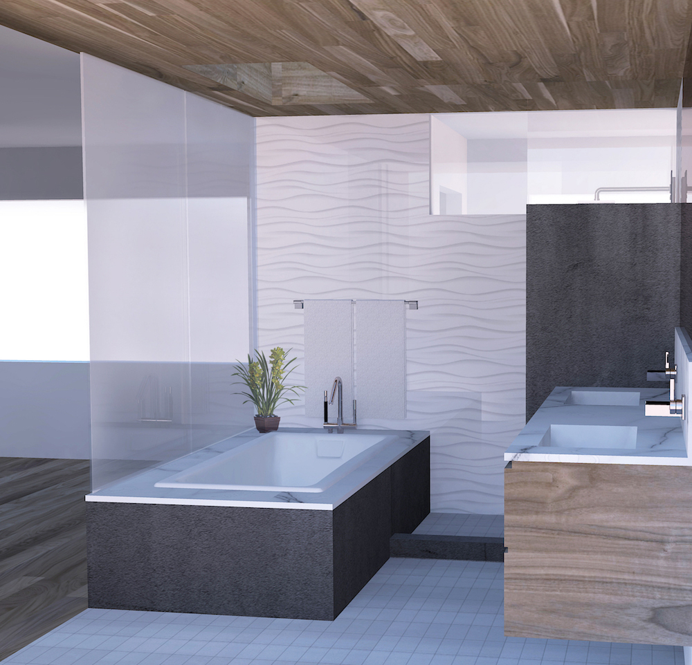 Rendering showing new tongue and groove walnut ceiling and wave tile wall