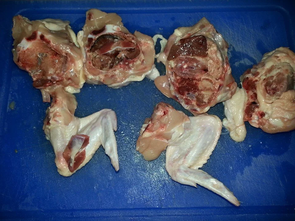 A whole, lean chicken sliced in 2-3 inch slices through the back. Includes meat, skin, organs and bones. This is a good meal choice if you're feeding raw meat.