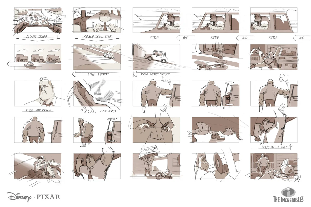 Shooting boards exercise featuring scenes from Disney/Pixar’s The Incredibles. Art by Paul Temple.