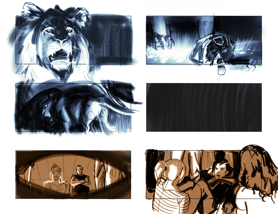 Action movie shooting boards. Film pre-production shooting boards by Paul Temple, Storyboard Artist and Illustrator.
