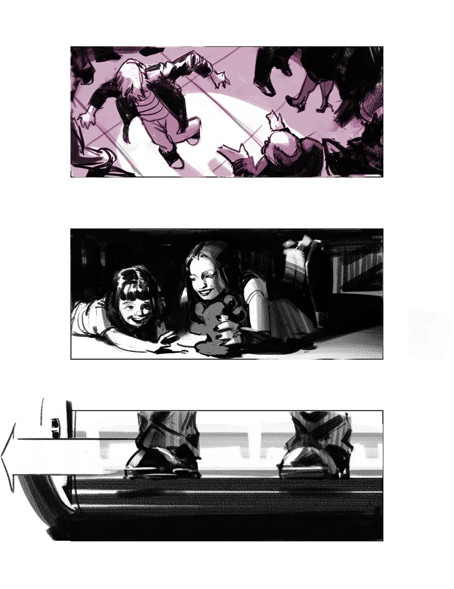 Action movie shooting boards. Film pre-production shooting boards and thumbnails by Paul Temple, Storyboard Artist and Illustrator.