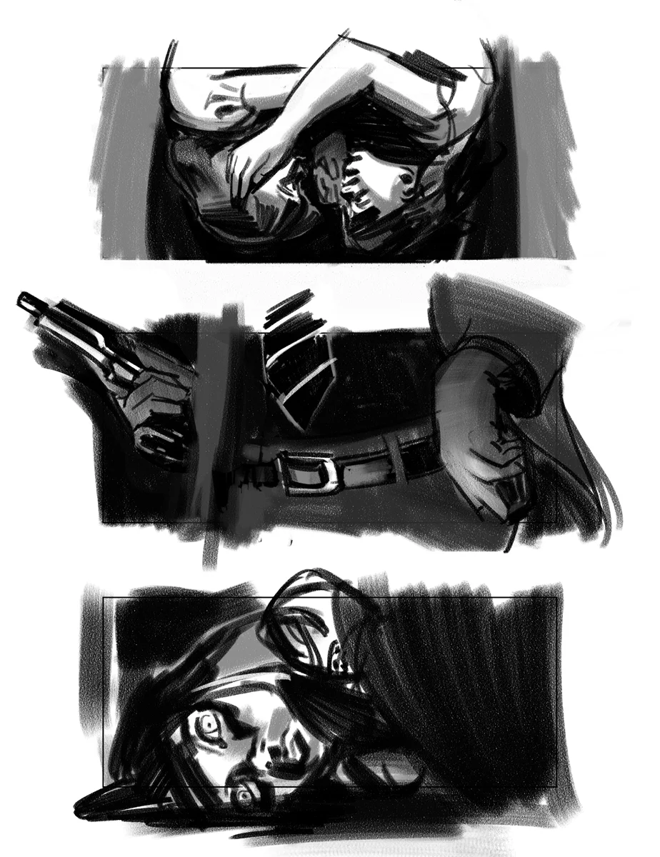 Action movie black and white shooting boards. Film pre-production shooting boards by Paul Temple, Storyboard Artist and Illustrator.