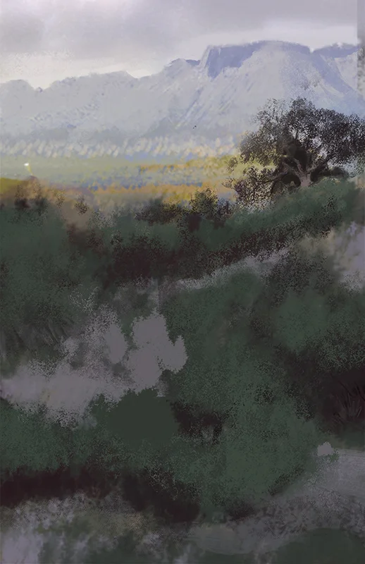 Mountain Scene. Film pre-production concept art by Paul Temple, Storyboard Artist and Illustrator.