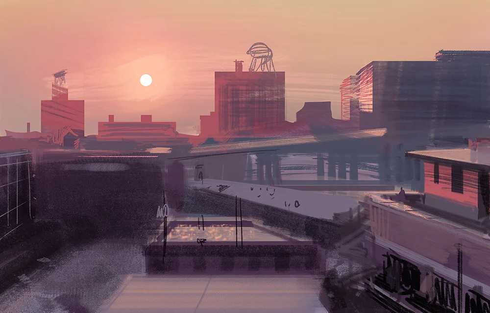Kansas City Freight House/Freight Yard. Film pre-production storyboard by Paul Temple, Storyboard Artist and Illustrator.