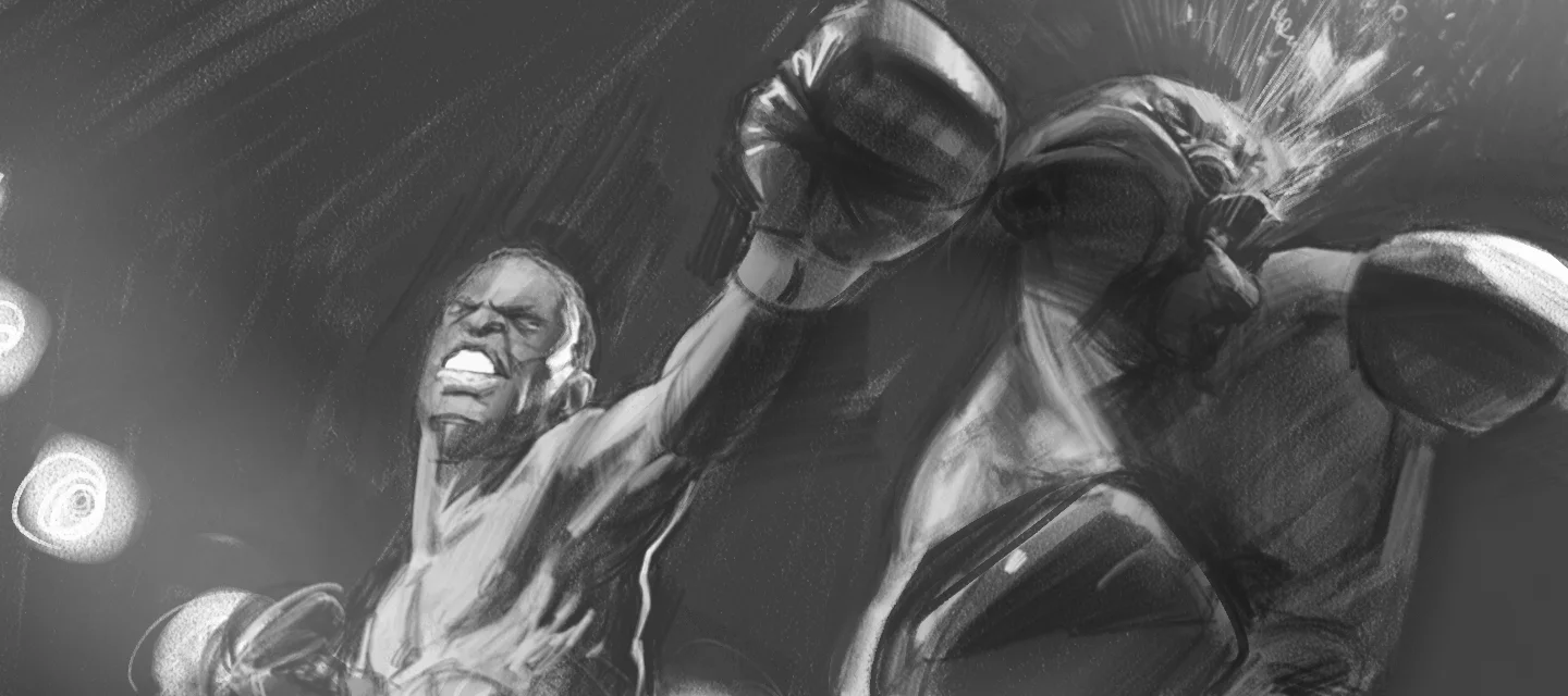 Black and white boxing image. Film pre-production storyboard by Paul Temple, Storyboard Artist and Illustrator.