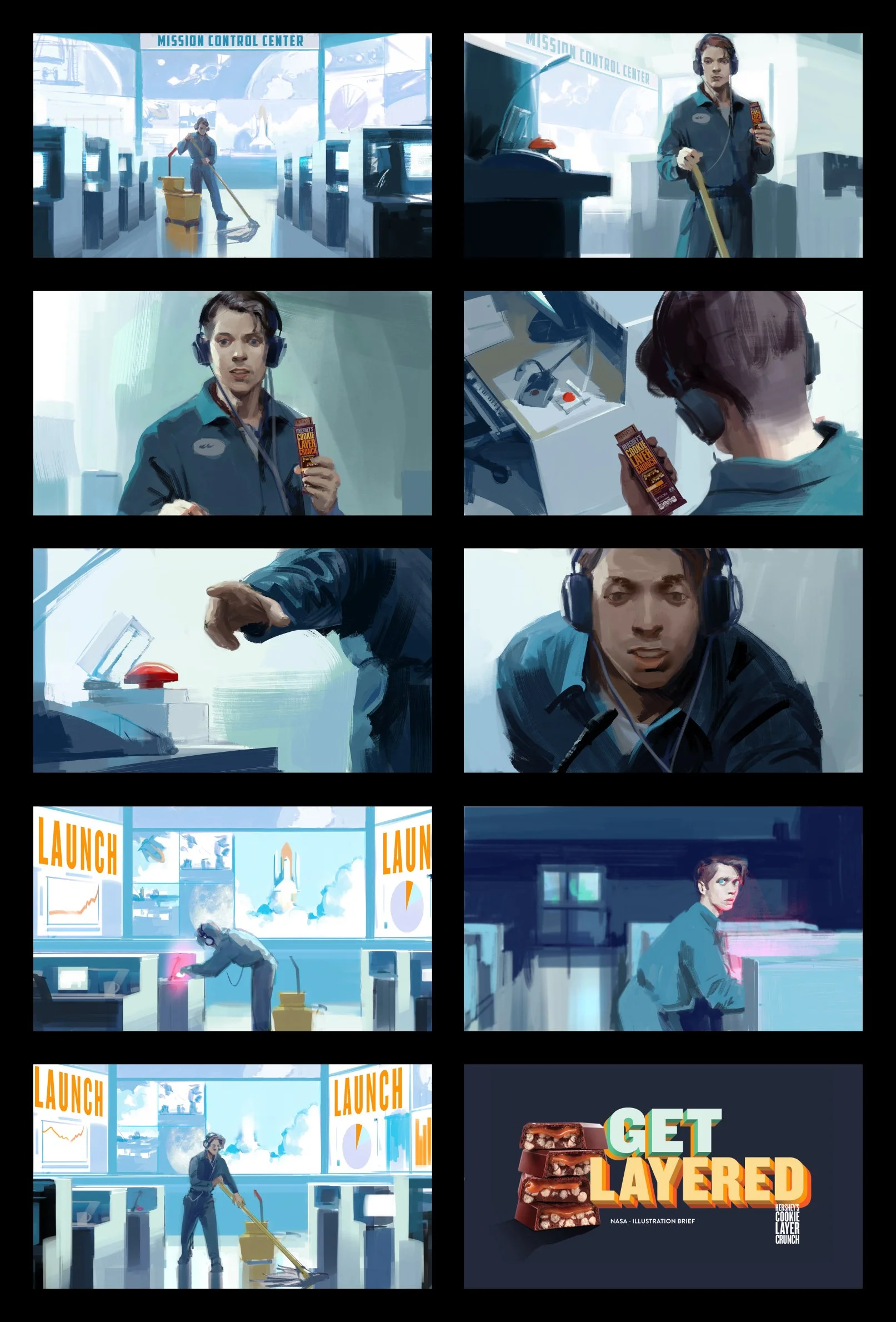  A series of images showing a janitor working in a rocket launch control room for Hershey’s “layered” candy bar ad pitch.  Advertising storyboards by Paul Temple, Storyboard Artist and Illustrator. 