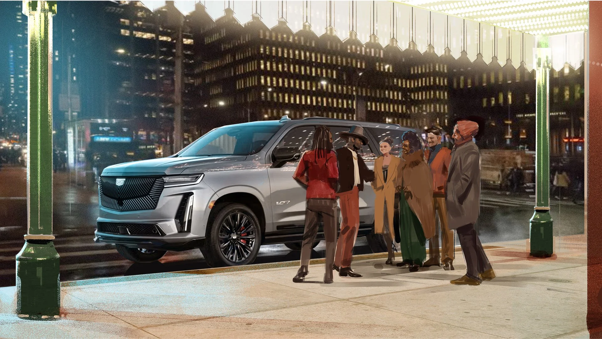  Group of friends outside a theater illustration for Infiniti cars ad pitch. Advertising storyboard frame by Paul Temple, Storyboard Artist and Illustrator, featuring 3D car.  