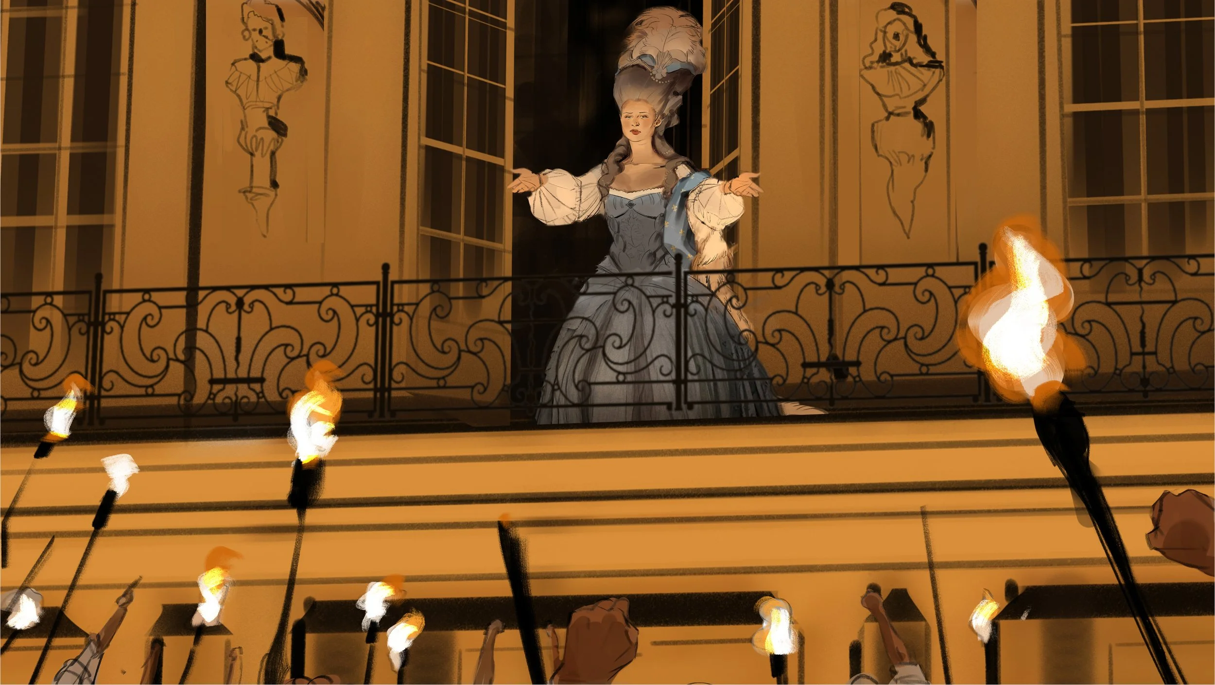  Marie Antoinette standing on a balcony concept art for Progressive Insurance ad pitch. Concept art by Paul Temple, Illustrator and Artist.  