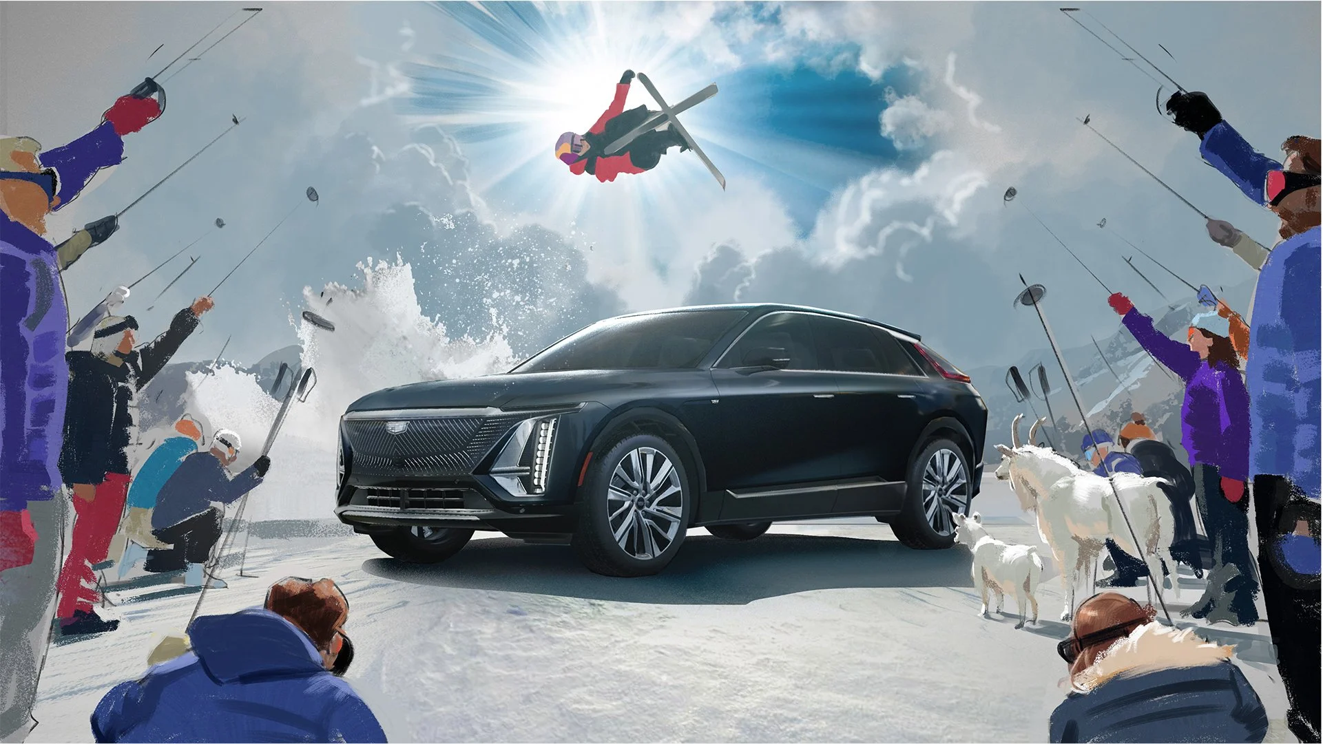  Skier flies over car illustration for Cadillac ad pitch. Advertising concept art by Paul Temple, Artist.  