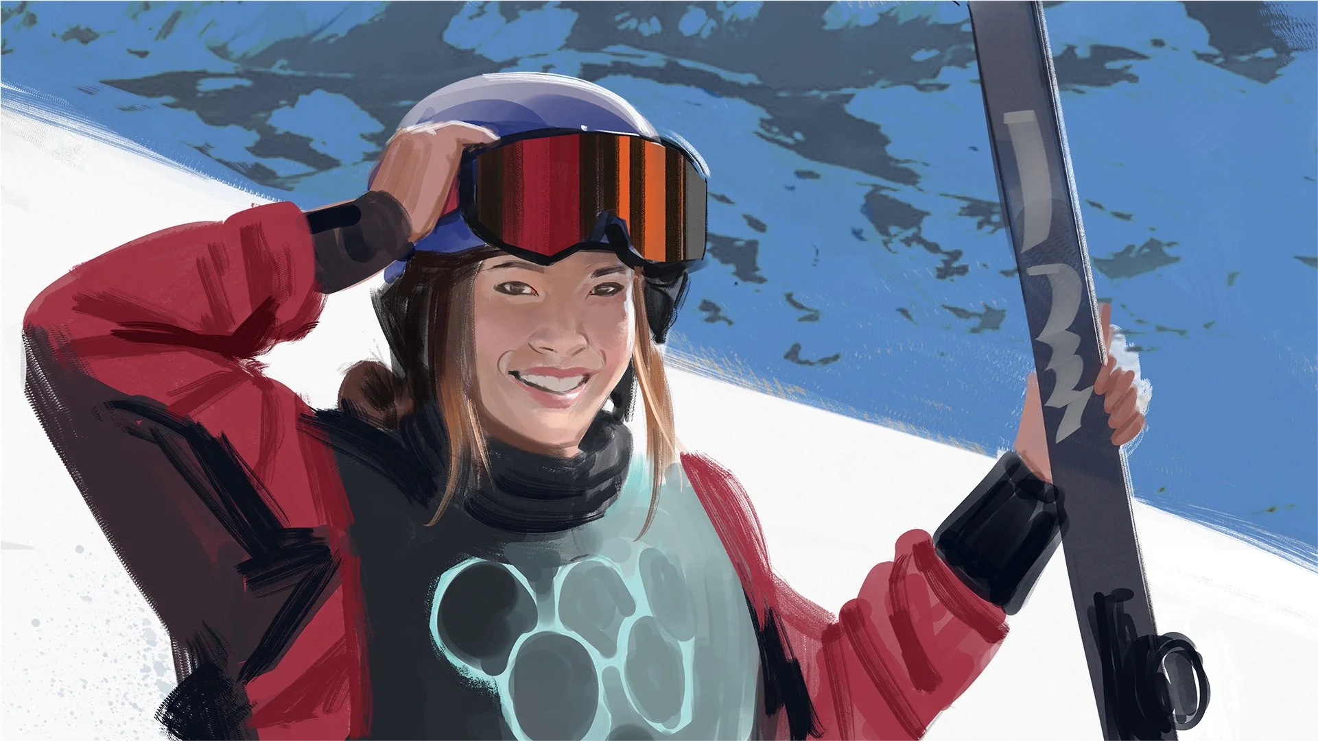  Eileen Gu, Olympic Freestyle Skier, in a Cadillac ad pitch. Advertising storyboard frame by Paul Temple, Artist. 