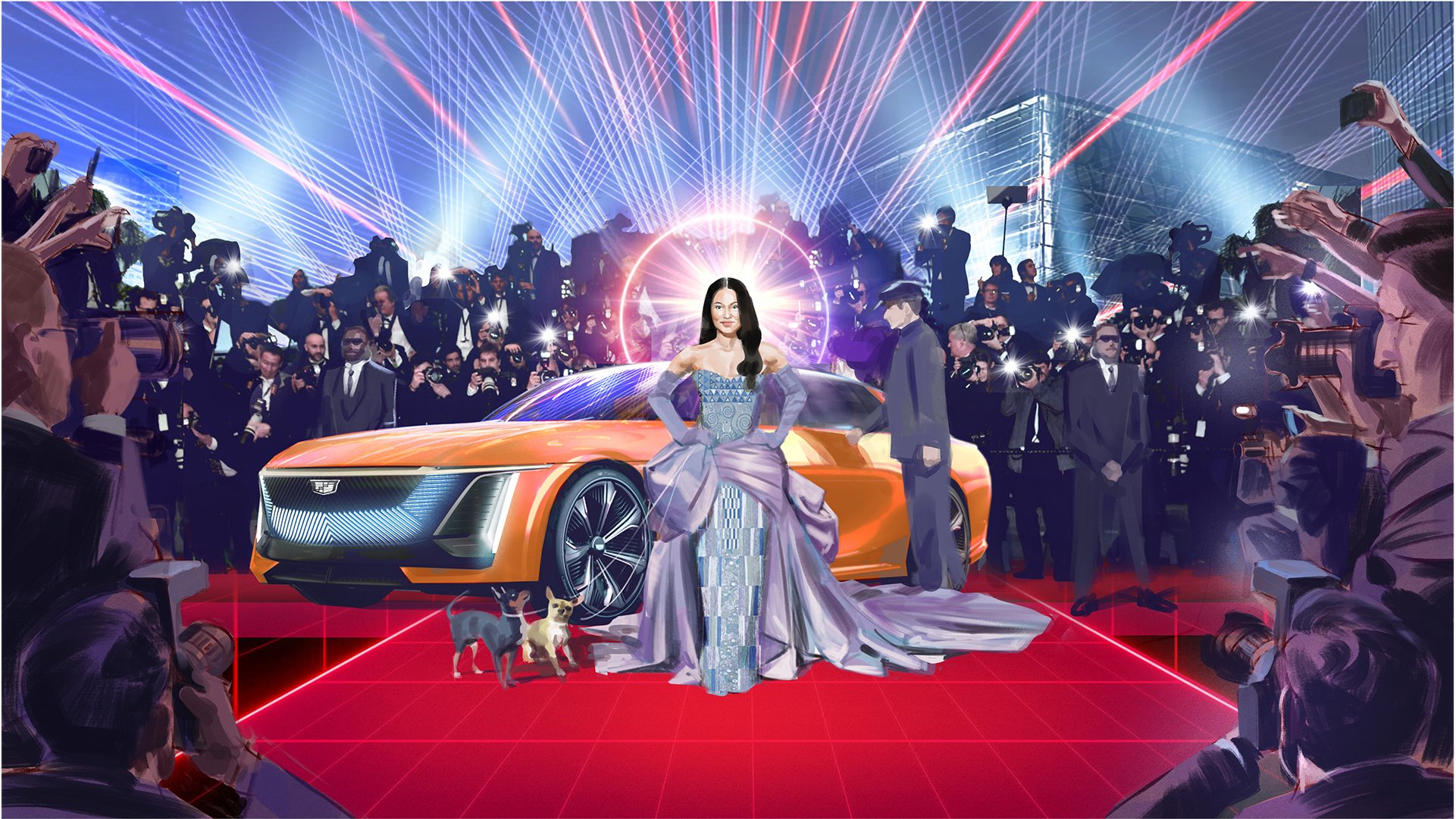 Woman exits Cadillac onto red carpet illustration for Cadillac ad pitch.  Advertising storyboard frame by Paul Temple, Storyboard and Concept Artist. 