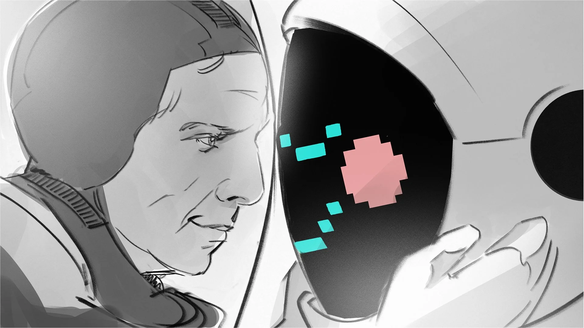  Ben Stiller falling in love with a robot illustration for Pepsi Zero SuperBowl shooting boards. Shooting board frame by Paul Temple, Storyboard Artist and Illustrator.  