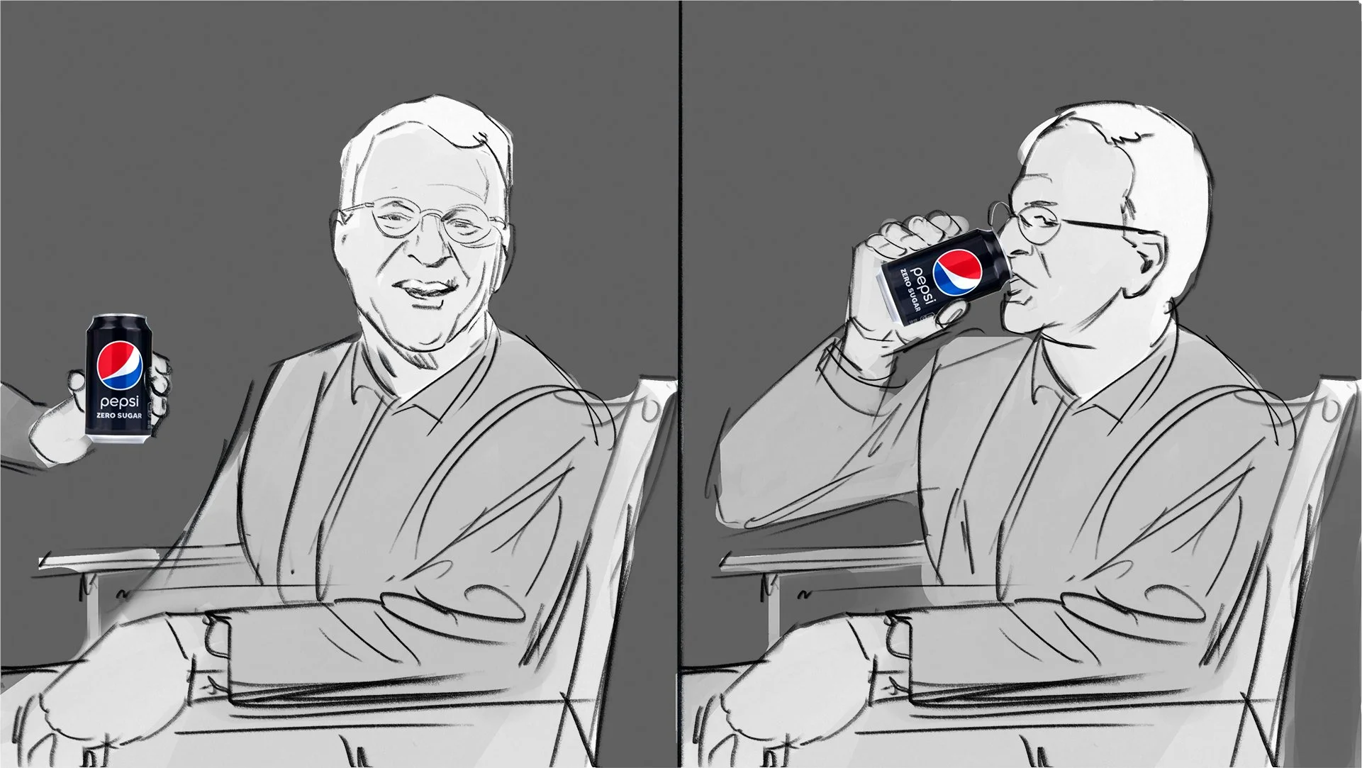  Steve Martin shooting boards for Pepsi Zero SuperBowl commercial. Advertising shooting board frame by Paul Temple, Storyboard Artist and Shooting Board Artist.  