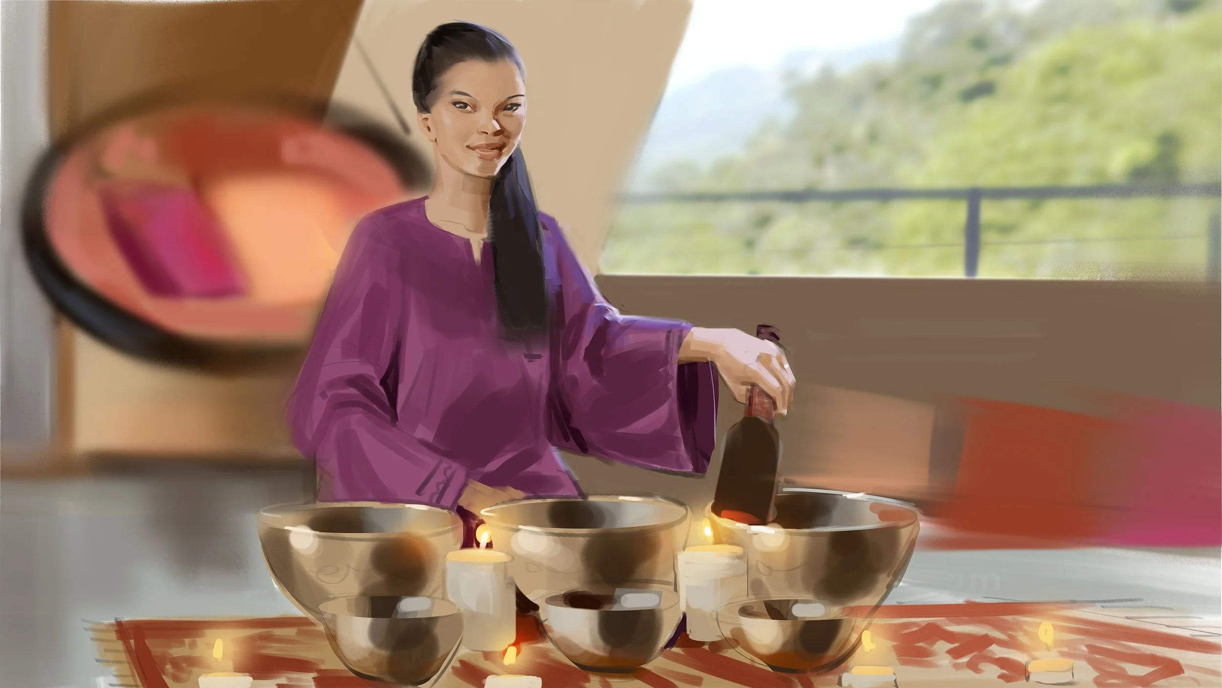  Woman meditating with singing bowls illustration for Noom ad pitch. Storyboard frame by Paul Temple, Storyboard Artist and Illustrator.  
