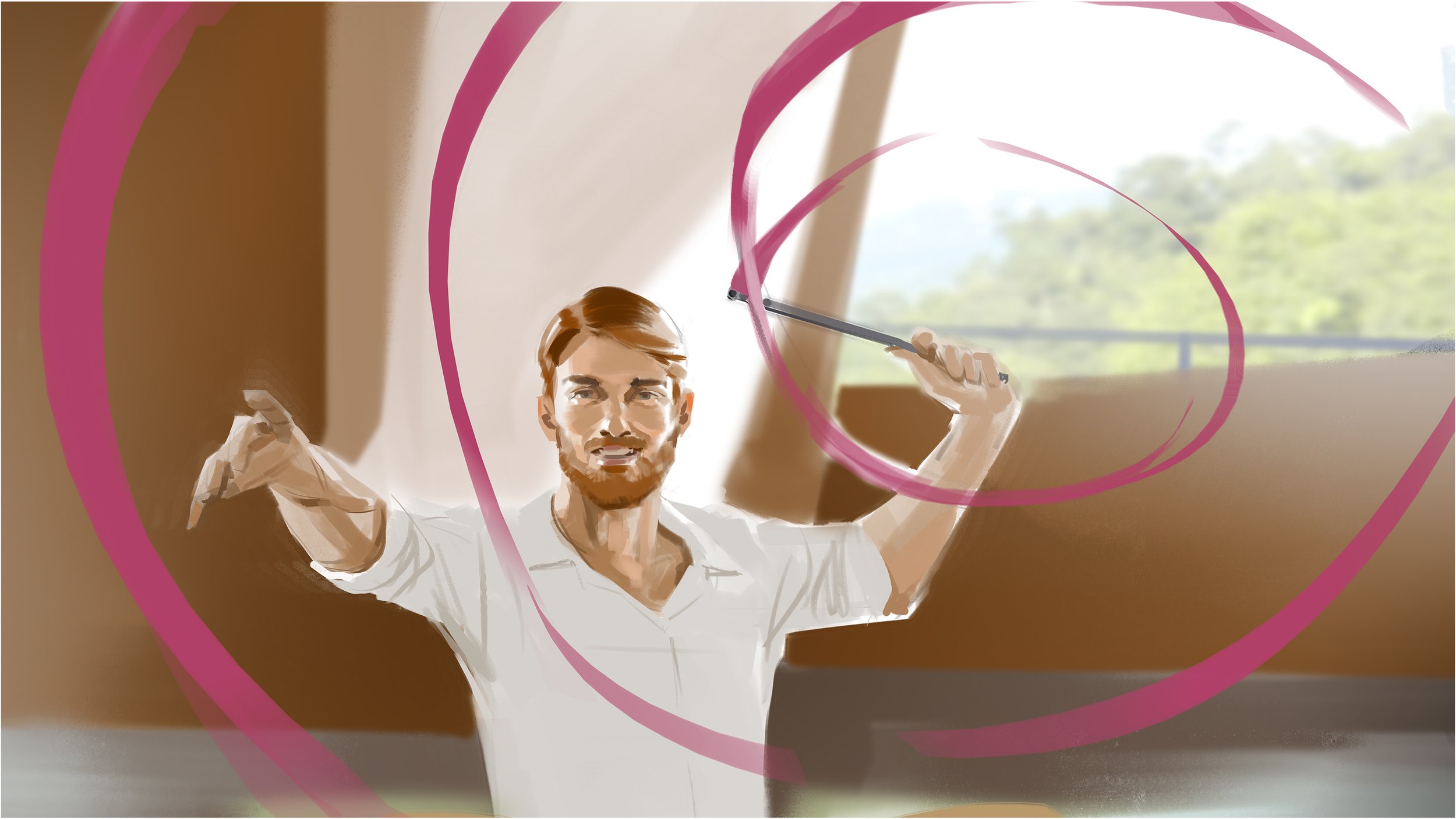  Man doing ribbon dance illustration for Noom ad pitch. Advertising storyboard frame by Paul Temple, Storyboard Artist and Illustrator.  