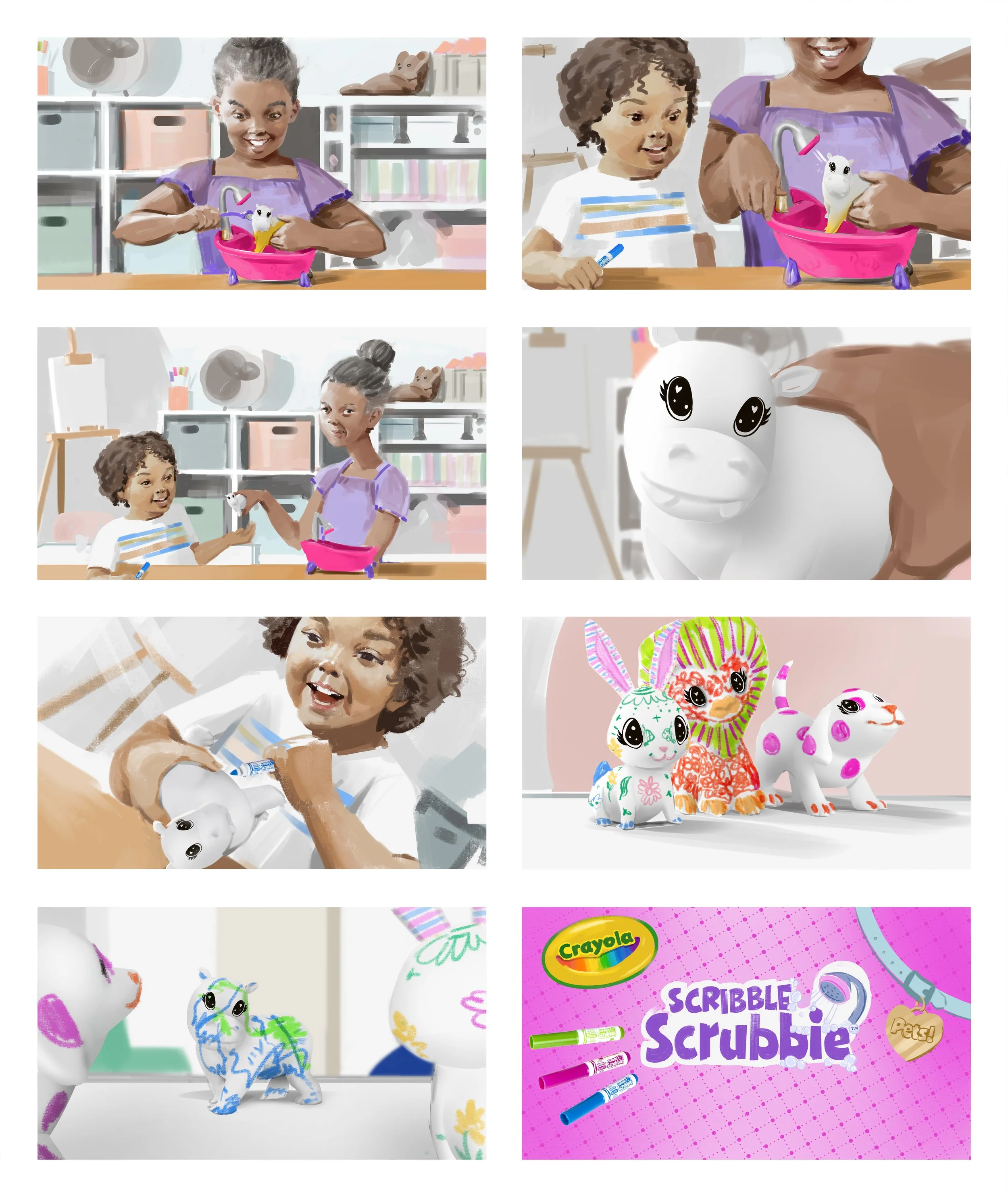  Series of images showing sisters playing with Scrubbie dolls for Crayola, by Hallmark, ad pitch. Advertising storyboard frame by Paul Temple, Storyboard Artist and Illustrator located in Kansas City, home of Hallmark Headquarters.  