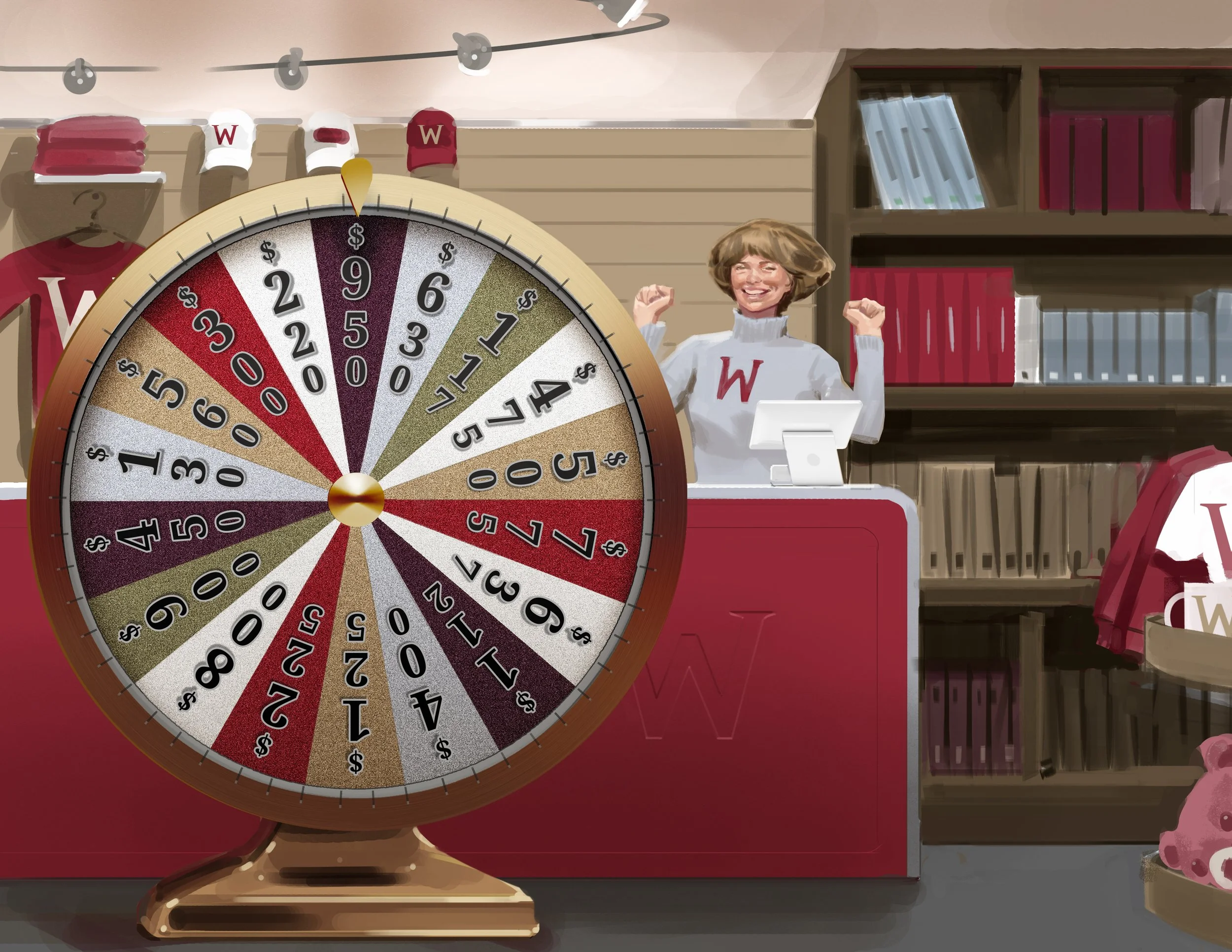  College book store with prize wheel illustration for a university ad pitch presentation boards. Advertising storyboard frame by Paul Temple, Storyboard Artist and Illustrator.  
