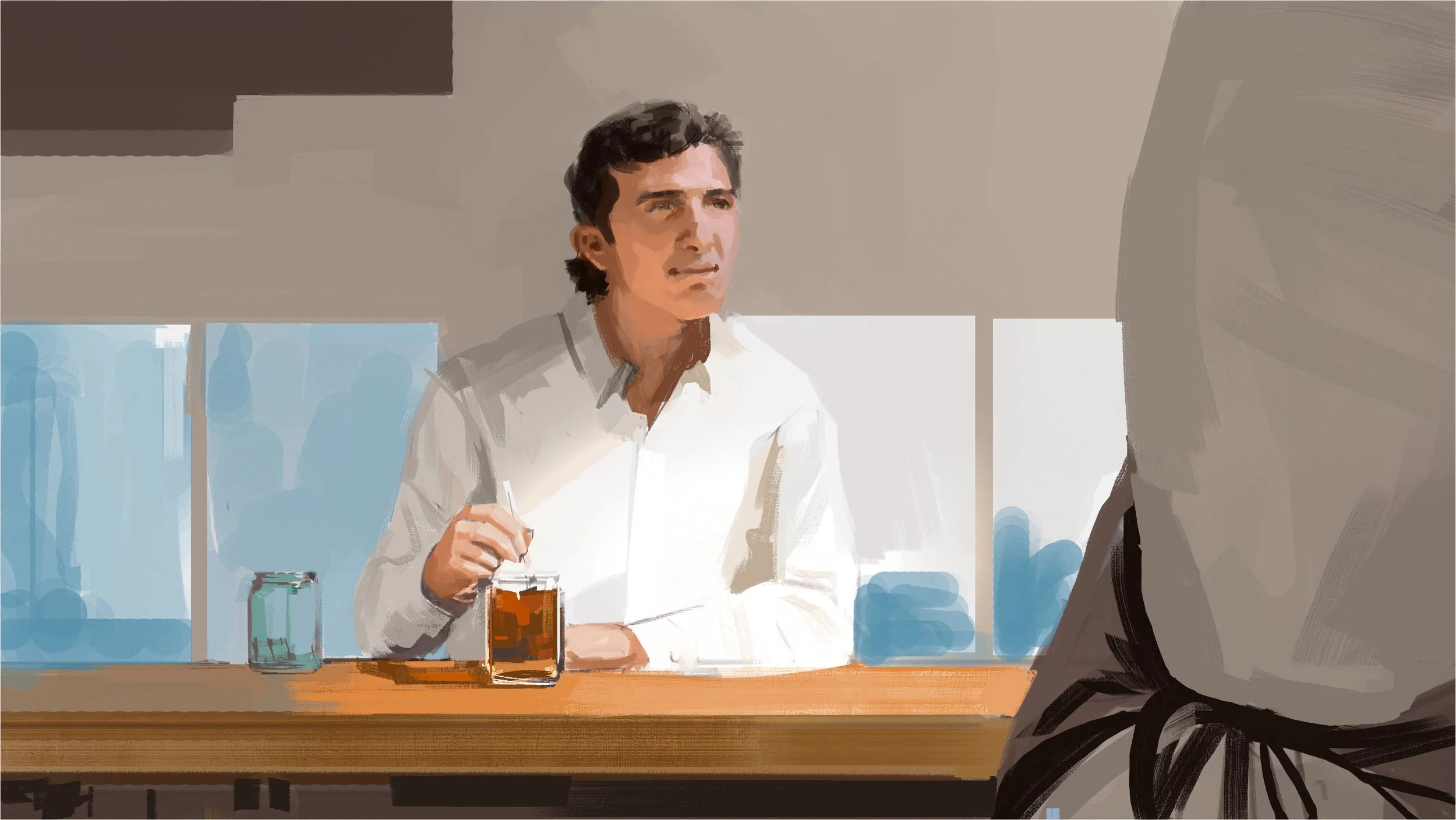  Man drinking coffee illustration for Marriot Hotels ad pitch presentation boards. Advertising storyboard frame by Paul Temple, Storyboard Artist and Illustrator.  