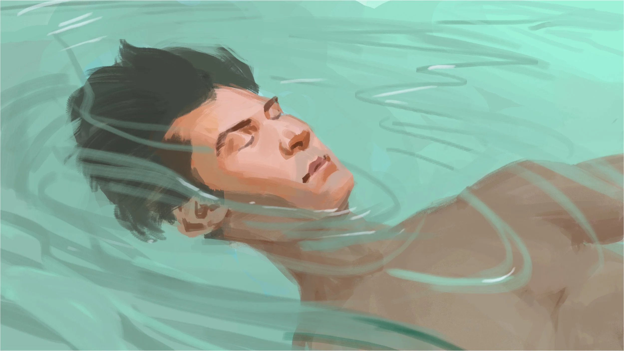  Man floating in pool illustration for Marriot Hotels ad pitch presentation boards. Advertising storyboard frame by Paul Temple, Storyboard Artist and Illustrator.  